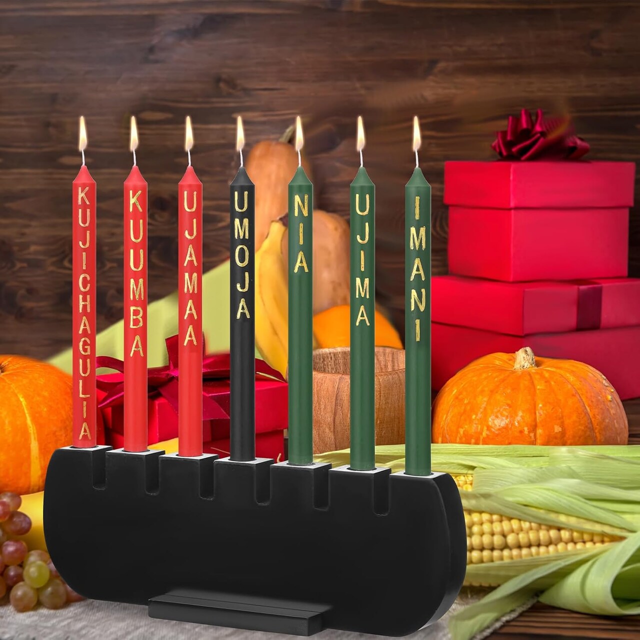 Black Kwanzaa Kinara Wood Candle Set Handmade Wooden Holder Candles with Words Kwanzaa 3 Red 3 Green 1 Black Winter Kinara Candles Celebrates African Americans Traditional House Decor